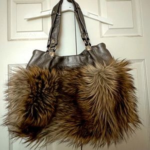 B Makowsky Nora Used Faux Fur/Real Pebbled Leather Silver Tote/Satchel Bag